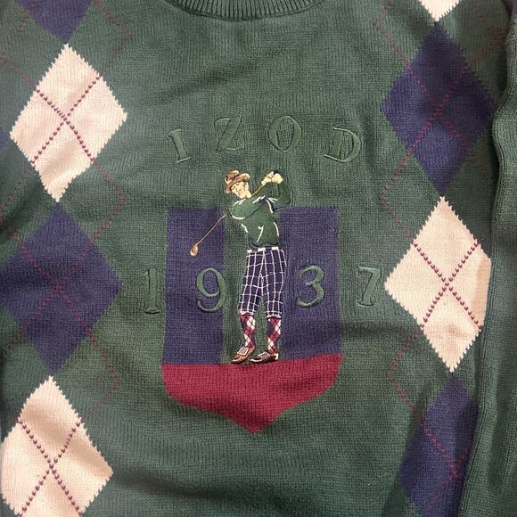 Vintage IZOD Golf Knit Sweater Men’s Large Green Embroidered Spell Argyle Retro - Picture 2 of 6